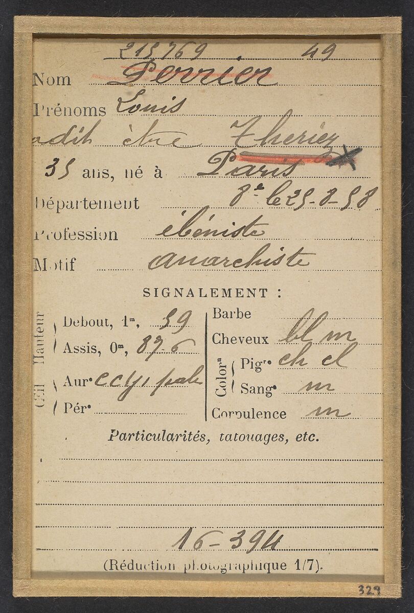 Perrier (dit Theriez). Louis. 35 ans, né le 25/8/58 à Paris Vllle. Ébéniste. Anarchiste. 16/3/94., Alphonse Bertillon (French, 1853–1914), Albumen silver print from glass negative