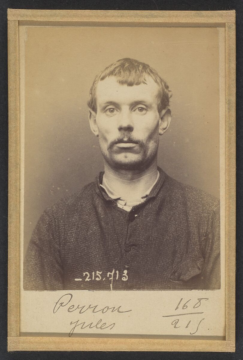 Perron. Jules. 31 ans, né le 9/8/62 à Saint-Denis (Seine). Journalier. Anarchiste. 75/3/94., Alphonse Bertillon (French, 1853–1914), Albumen silver print from glass negative 