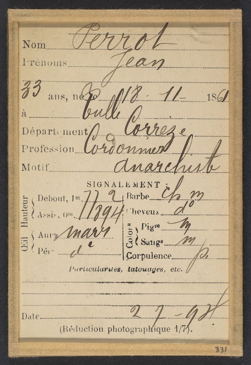 Perrot. Jean. 33 ans, né le 18/11/61 à Tulle (Corrèze). Cordonnier. Anarchiste. 2/7/94., Alphonse Bertillon (French, 1853–1914), Albumen silver print from glass negative