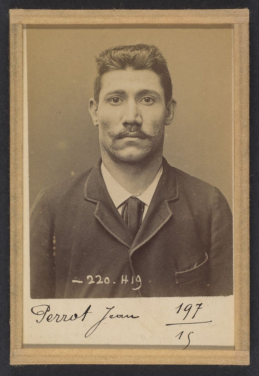 Perrot. Jean. 33 ans, né le 18/11/61 à Tulle (Corrèze). Cordonnier. Anarchiste. 2/7/94., Alphonse Bertillon (French, 1853–1914), Albumen silver print from glass negative 