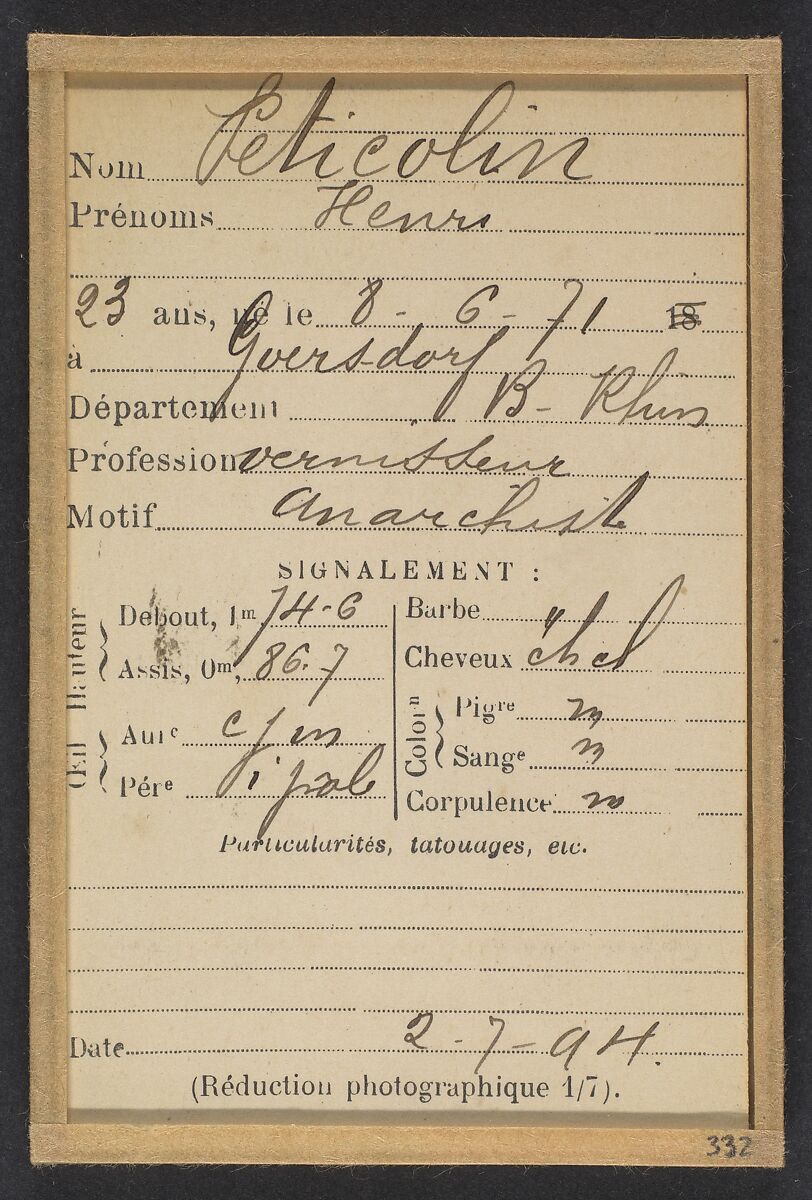 Peticolin. Henri. 23 ans, né le 8/6/71 à Goersdorf (Bas-Rhin). Vernisseur. Anarchiste. 2/7/94., Alphonse Bertillon (French, 1853–1914), Albumen silver print from glass negative