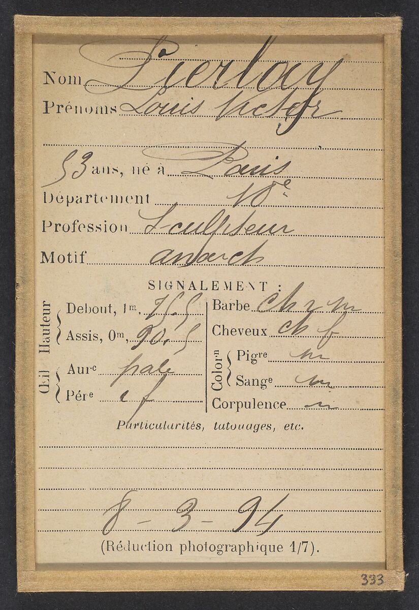 Pierlay. Louis, Victor. 53 ans, né à Paris XVIle. Sculpteur. Anarchiste. 8/3/94., Alphonse Bertillon (French, 1853–1914), Albumen silver print from glass negative