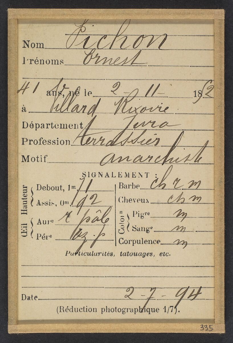 Pichon. Ernest. 41 ans, né le 2/11/52 à Villard-Rixoire (Jura). Terrassier. Anarchiste. 2/7/94., Alphonse Bertillon (French, 1853–1914), Albumen silver print from glass negative