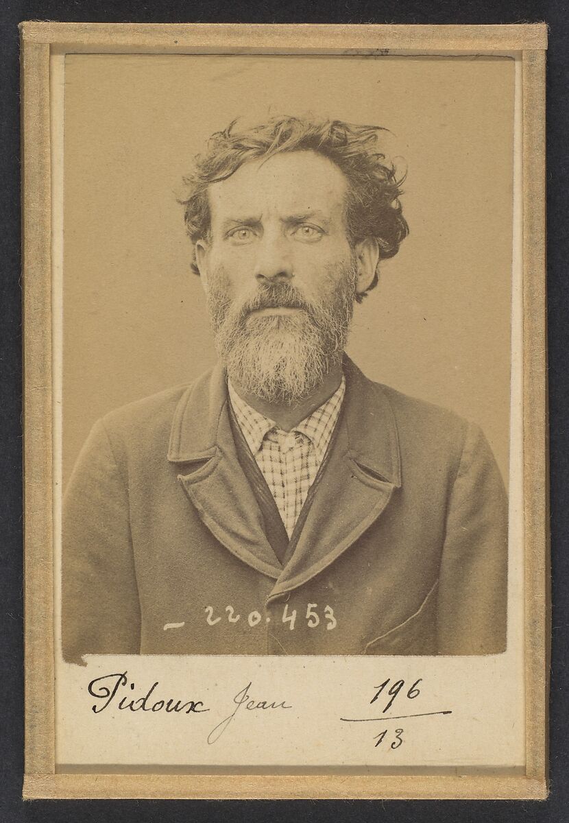 Pidoux. Jean. Victor. 45 ans, né au Châtelet (Seine-et-Marne). Estampeur de métaux. Anarchiste 2/7/94., Alphonse Bertillon (French, 1853–1914), Albumen silver print from glass negative 