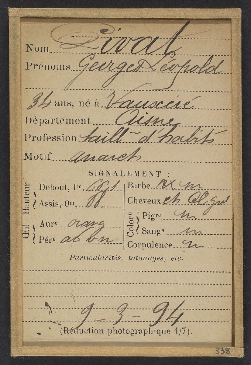 Pivat. Georges, Léopold. 34 ans, né à Vauxcié (Aisne). Tailleur d'habits. Anarchiste. 9/3/94., Alphonse Bertillon (French, 1853–1914), Albumen silver print from glass negative