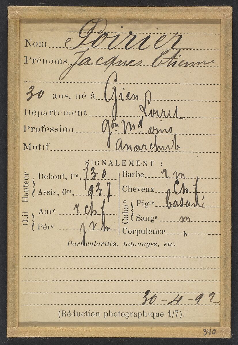 Poirier. Jacques, Étienne. 30 ans, né à Gien (Loiret). Garçon de marchand de vins. Anarchiste. 30/4/92., Alphonse Bertillon (French, 1853–1914), Albumen silver print from glass negative