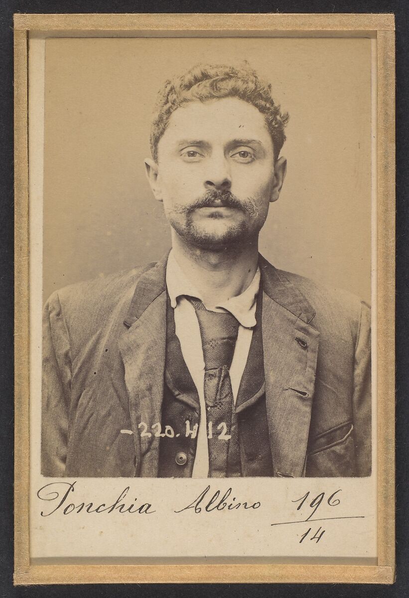 Ponchia. Charles, Albino. 32 ans, né le 1/3/62 à Montanaro (Italie). Menuisier. Anarchiste. 2/7/94., Alphonse Bertillon (French, 1853–1914), Albumen silver print from glass negative 