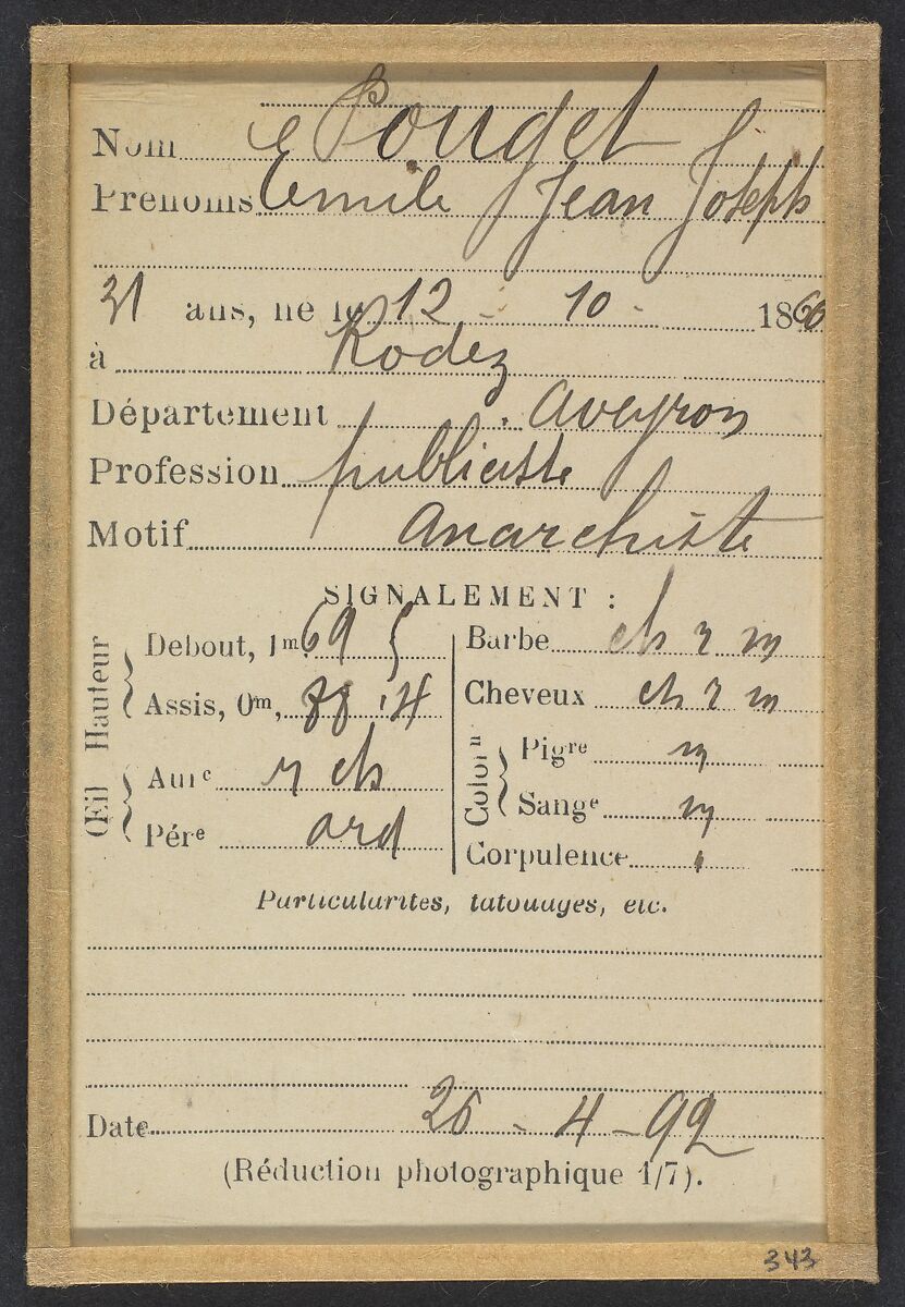 Pouget. Émile, Jean, Joseph. 31 ans, né le 12/10/60 à Rodez (Aveyron). Publiciste. Anarchiste. 26/4/92., Alphonse Bertillon (French, 1853–1914), Albumen silver print from glass negative