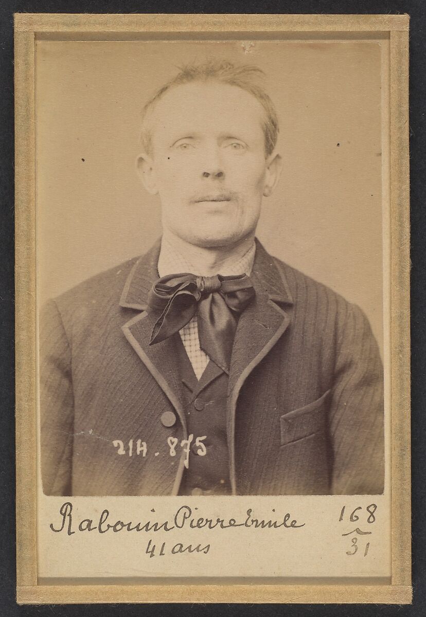 Raboin. Émile, Pierre. 41 ans, né à Ouzoir-sur-Loire (Loiret). Distillateur. Assoc. de malfaiteurs. 28/2/94, Alphonse Bertillon (French, 1853–1914), Albumen silver print from glass negative 