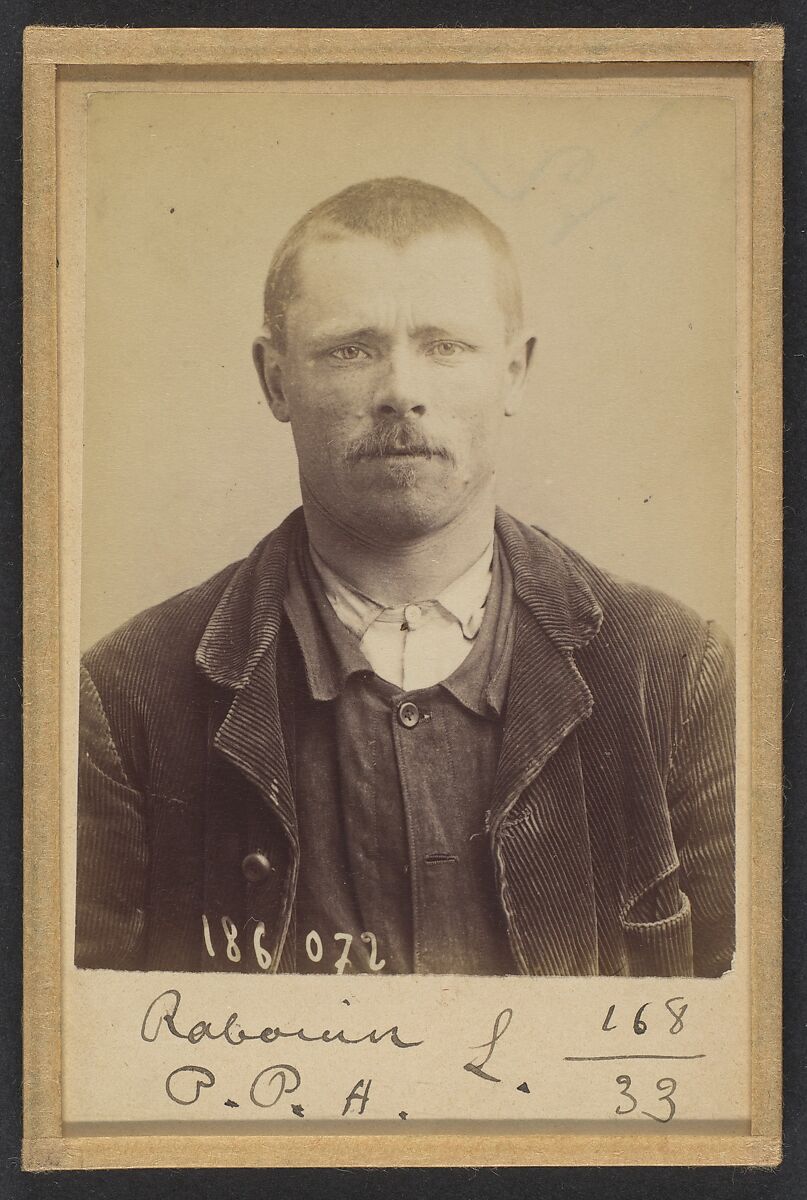 Raboin. Paul, Pierre, Augustin. 32 ans, né à Ouzoir-sur-Loire (Loiret). Journalier. Anarchiste. 23/4/92., Alphonse Bertillon (French, 1853–1914), Albumen silver print from glass negative 