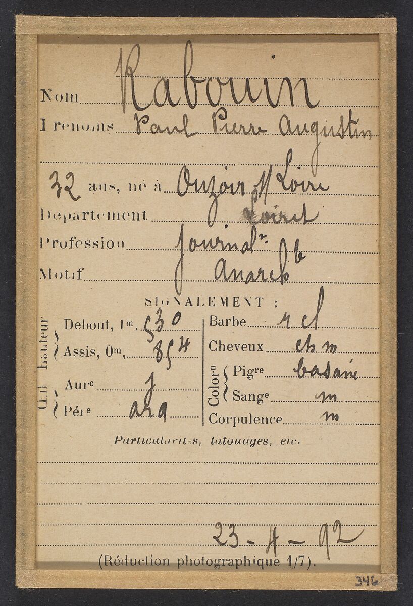 Raboin. Paul, Pierre, Augustin. 32 ans, né à Ouzoir-sur-Loire (Loiret). Journalier. Anarchiste. 23/4/92., Alphonse Bertillon (French, 1853–1914), Albumen silver print from glass negative