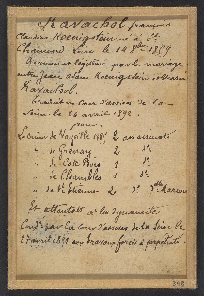 Ravachol. François Claudius Kœnigstein. 33 ans, né à St-Chamond (Loire). Condamné le 27/4/92., Alphonse Bertillon (French, 1853–1914), Albumen silver print from glass negative