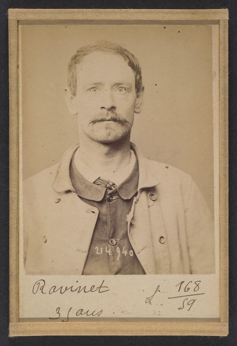 Ravinet. Gaston. 34 ans, né à Paris XIXe. Couvreur. Anarchiste. 1/3/94., Alphonse Bertillon (French, 1853–1914), Albumen silver print from glass negative 