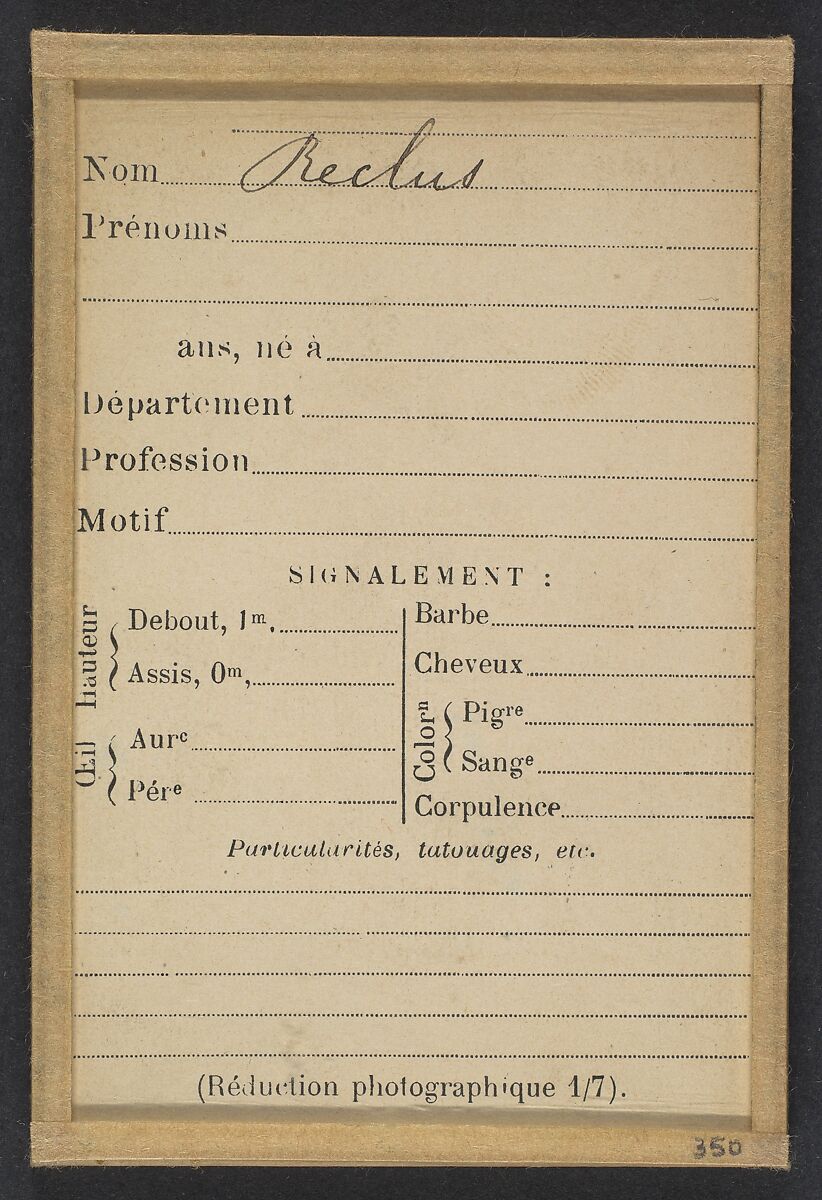 Reclus. Paul. Pas d'informations sur la fiche. 23/12/93, Alphonse Bertillon (French, 1853–1914), Albumen silver print from glass negative