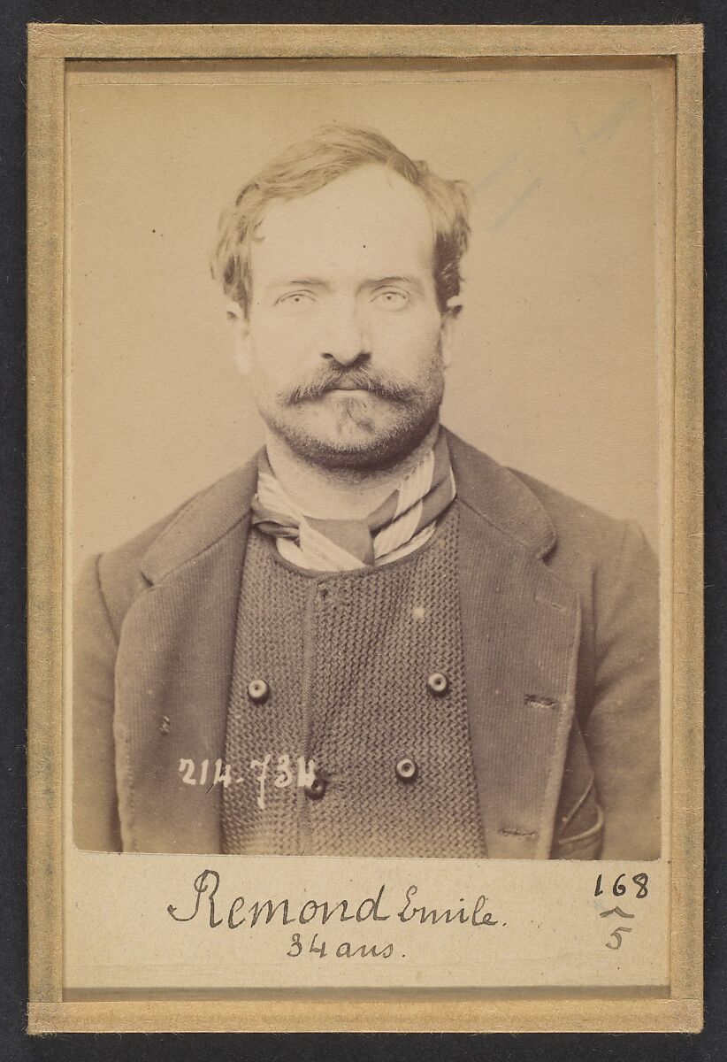 Remond. Émile, Adolphe. 34 ans, né à Bagnolet (Seine). Carrier. Anarchiste. 26/2/94., Alphonse Bertillon (French, 1853–1914), Albumen silver print from glass negative 