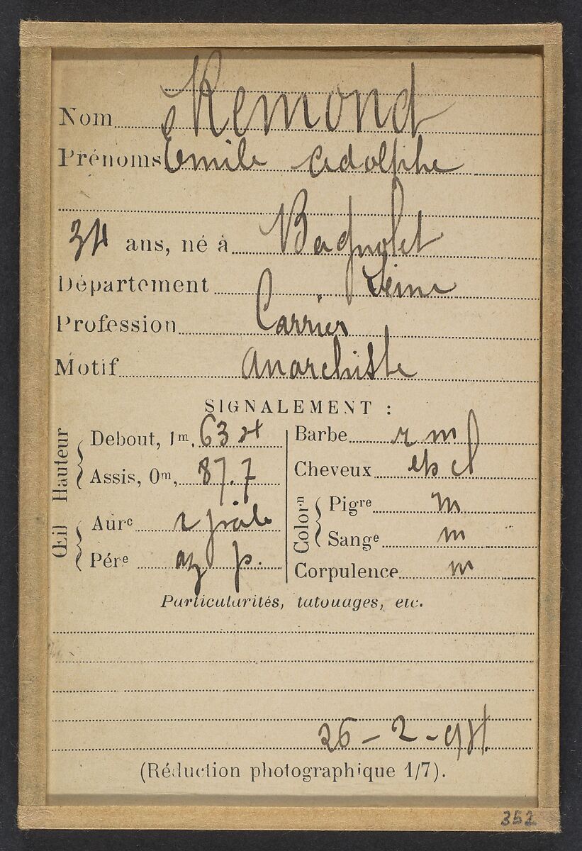 Remond. Émile, Adolphe. 34 ans, né à Bagnolet (Seine). Carrier. Anarchiste. 26/2/94., Alphonse Bertillon (French, 1853–1914), Albumen silver print from glass negative