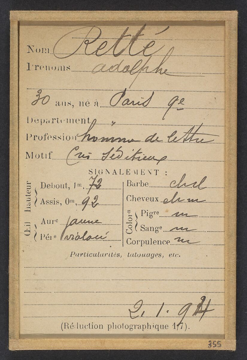 Retté. Adolphe. 30 ans, né à Paris IXe. Homme de lettre. Cris séditieux. 21/1/94., Alphonse Bertillon (French, 1853–1914), Albumen silver print from glass negative