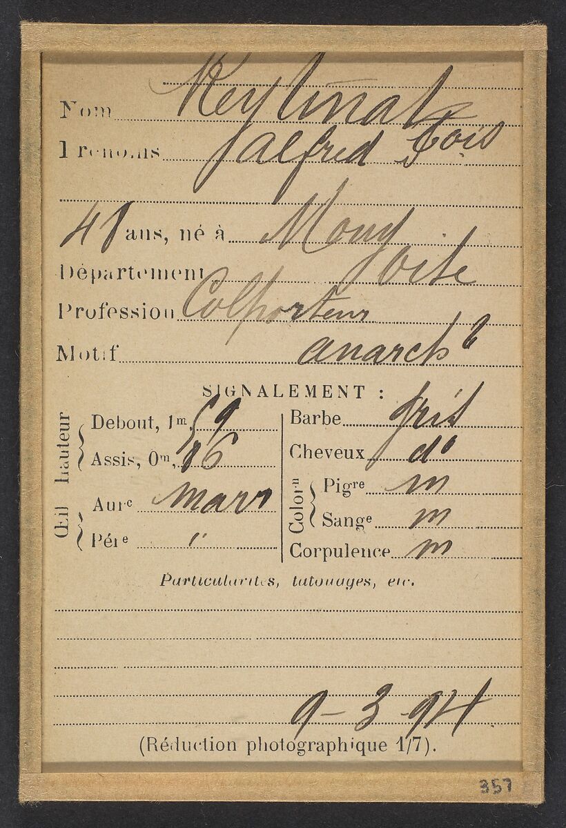 Reytinat. Jacques, François. 48 ans, né à Mouy (Oise). Colporteur. Anarchiste. 9/3/94., Alphonse Bertillon (French, 1853–1914), Albumen silver print from glass negative