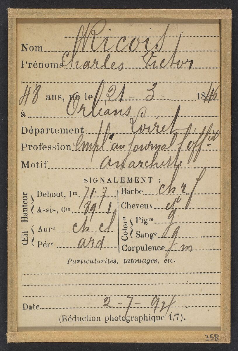 Ricois. Charles-Victor. 48 ans, né le 21/3/46 à Orléans. Employé au Journal Officiel. Anarchiste. 2/7/94., Alphonse Bertillon (French, 1853–1914), Albumen silver print from glass negative