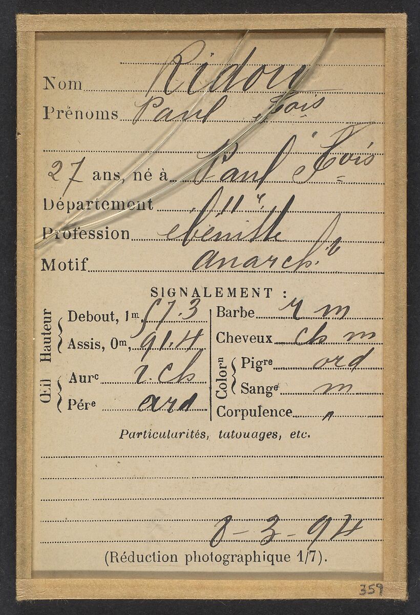 Ridou. Paul, François. 27 (ou 28) ans. Ébéniste. Anarchiste. 8/3/94., Alphonse Bertillon (French, 1853–1914), Albumen silver print from glass negative