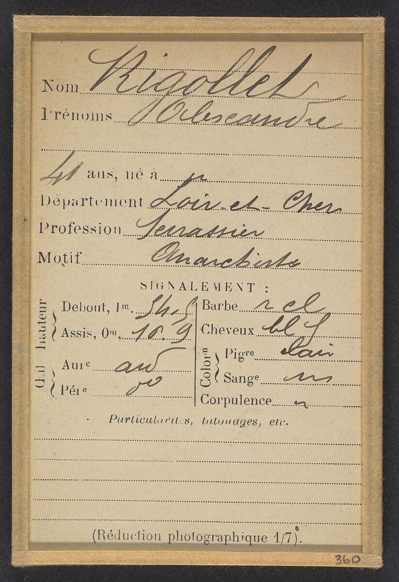 Rigollet. Alexandre. 41 ans, né dans le Loir-et-Cher. Terrassier. Anarchiste., Alphonse Bertillon (French, 1853–1914), Albumen silver print from glass negative
