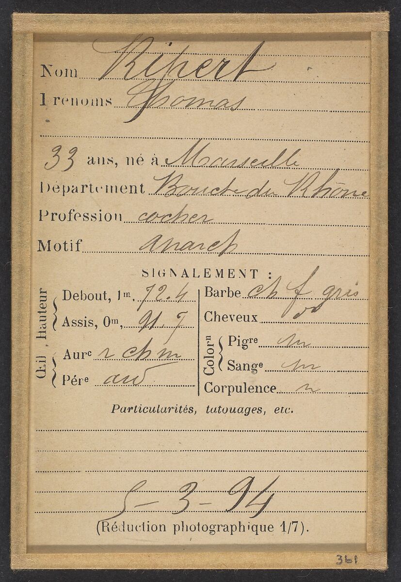 Ripert. Thomas. 33 ans, né à Marseille. Cocher. Anarchiste. 5/3/94., Alphonse Bertillon (French, 1853–1914), Albumen silver print from glass negative