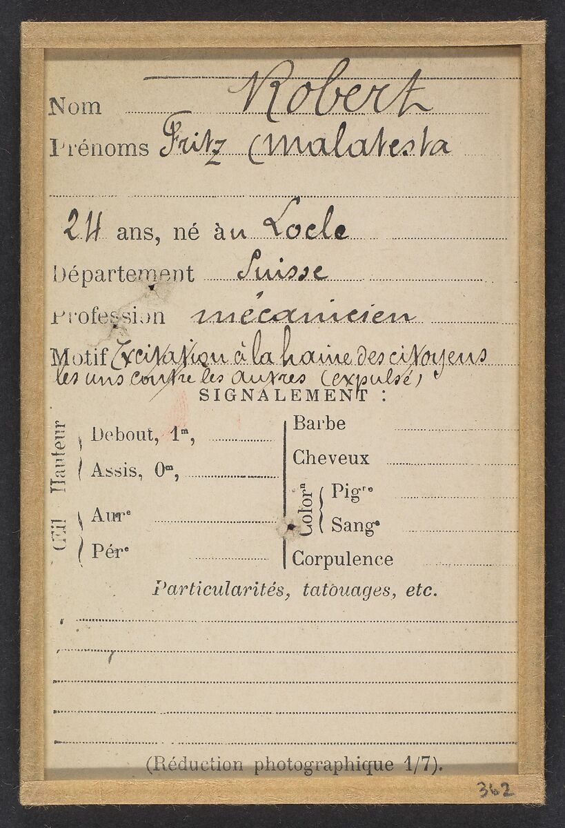 Robert. Fritz, Malatesta. 24 ans, Suisse. Excitation à la haine des citoyens les uns contre les autres, expulsé., Alphonse Bertillon (French, 1853–1914), Albumen silver print from glass negative