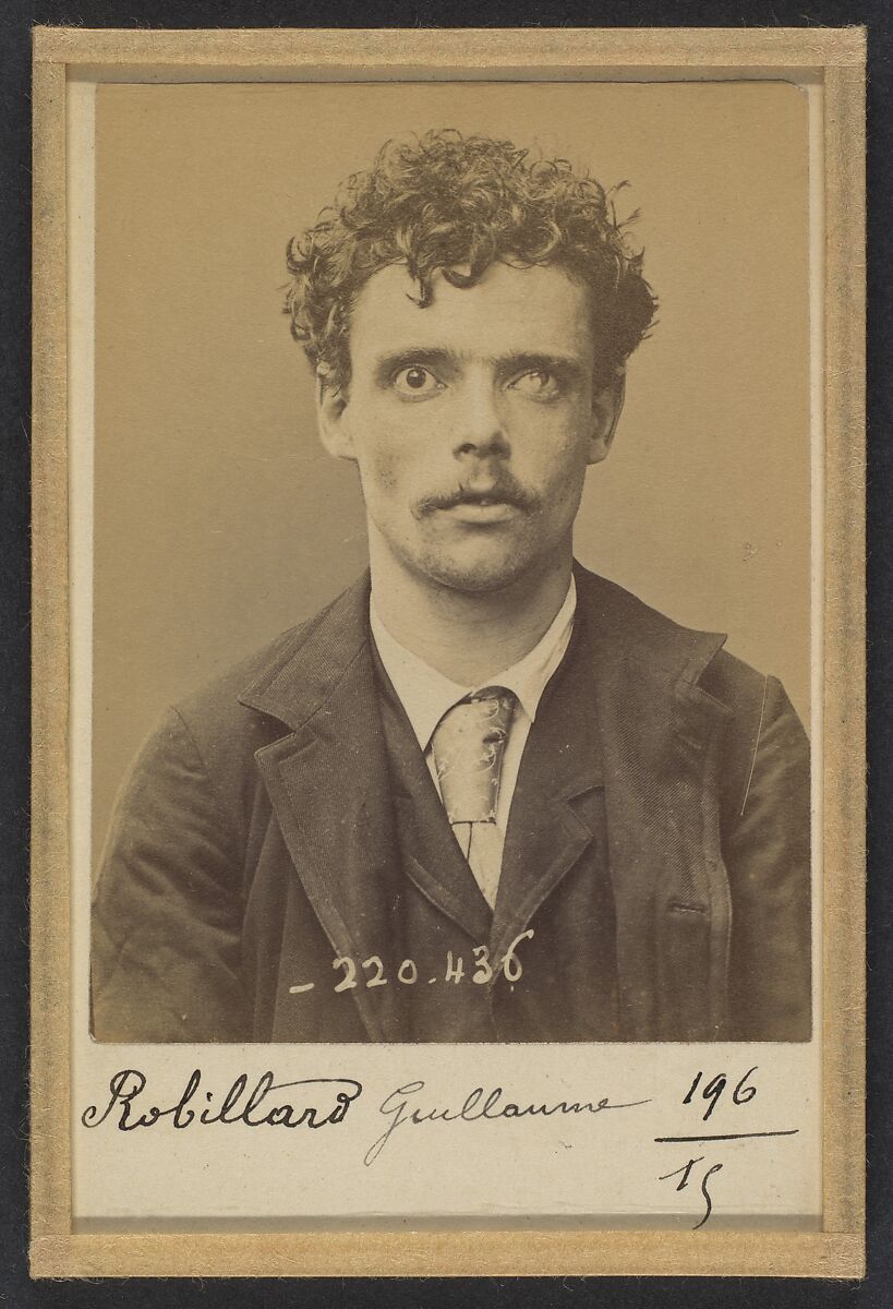 Robillard. Guillaume, Joseph. 24 ans, né le 17/11/68 à Vaucresson. Fondeur en cuivre. Anarchiste. 2/7/94., Alphonse Bertillon (French, 1853–1914), Albumen silver print from glass negative 