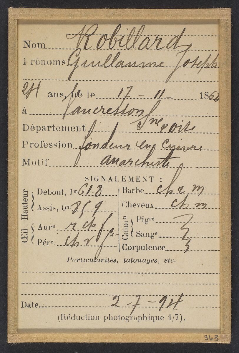Robillard. Guillaume, Joseph. 24 ans, né le 17/11/68 à Vaucresson. Fondeur en cuivre. Anarchiste. 2/7/94., Alphonse Bertillon (French, 1853–1914), Albumen silver print from glass negative