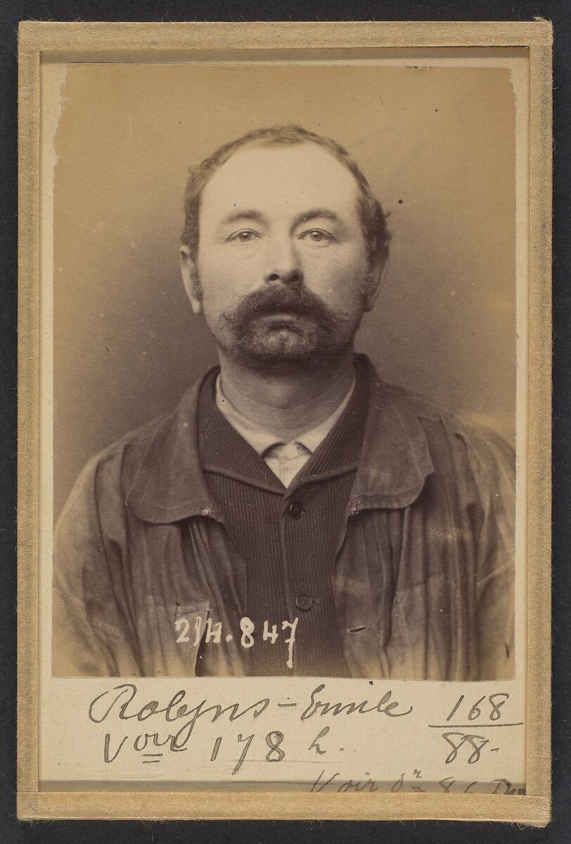 Robyns. Émile. 36 ans, né à Lumone (Belgique). Marchand de Pierres (?). Anarchiste. 28/2/94., Alphonse Bertillon (French, 1853–1914), Albumen silver print from glass negative 