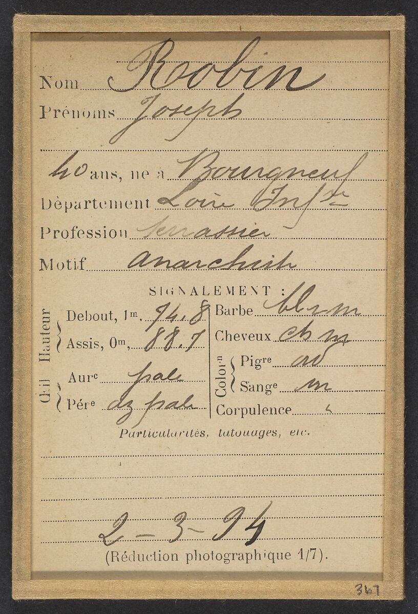 Roobin. Joseph. 40 ans, né à Bourgneuf (Loire-Inférieure). Terrassier. Anarchiste. 2/3/94, Alphonse Bertillon (French, 1853–1914), Albumen silver print from glass negative