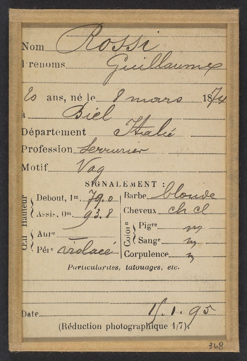 Rossi. Guillaume. 20 ans, né le 8/3/71 à Biel (Italie). Serrurier. Vagabondage. 15/1/95., Alphonse Bertillon (French, 1853–1914), Albumen silver print from glass negative