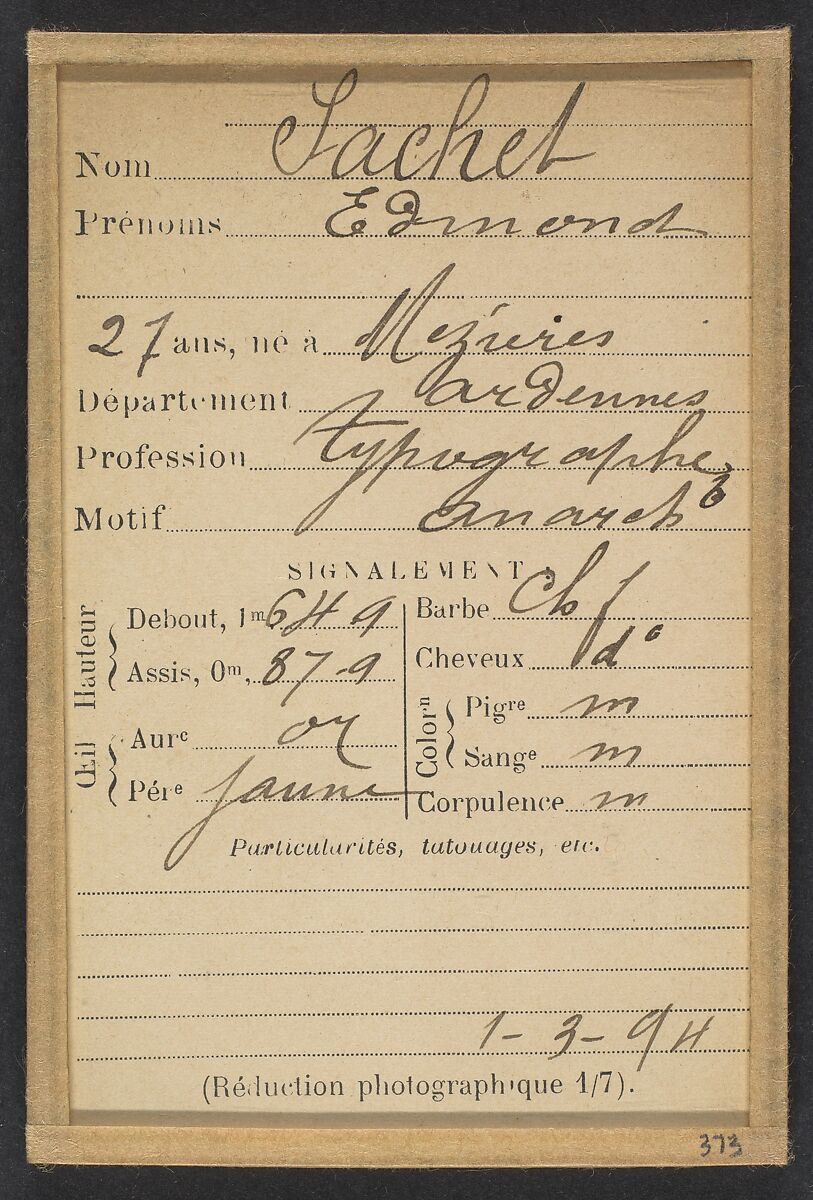 Sachet. Edmond. 27 ans, né à Mézières (Ardennes). Typographe. Anarchiste. 1/3/94., Alphonse Bertillon (French, 1853–1914), Albumen silver print from glass negative