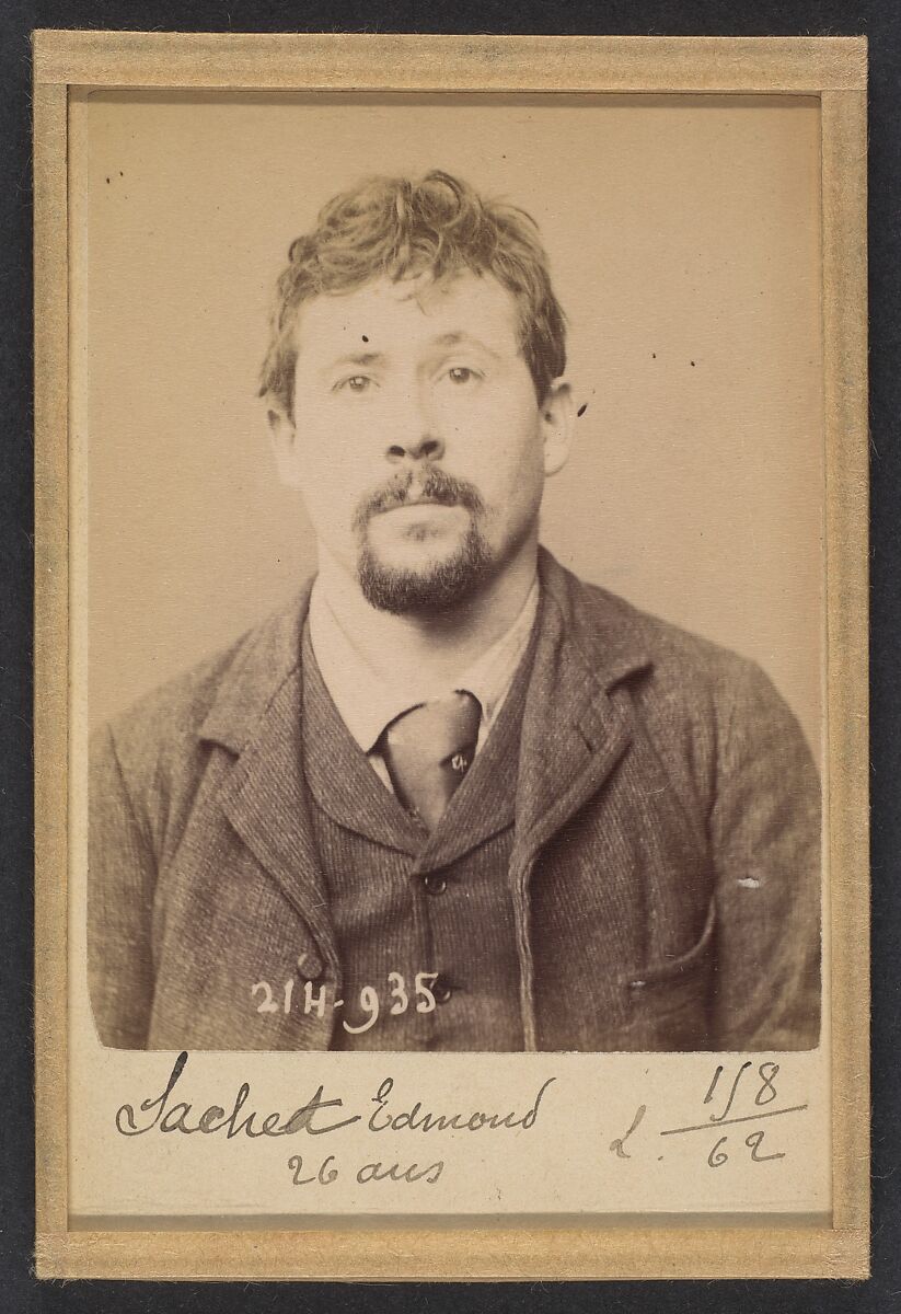 Sachet. Edmond. 27 ans, né à Mézières (Ardennes). Typographe. Anarchiste. 1/3/94., Alphonse Bertillon (French, 1853–1914), Albumen silver print from glass negative 