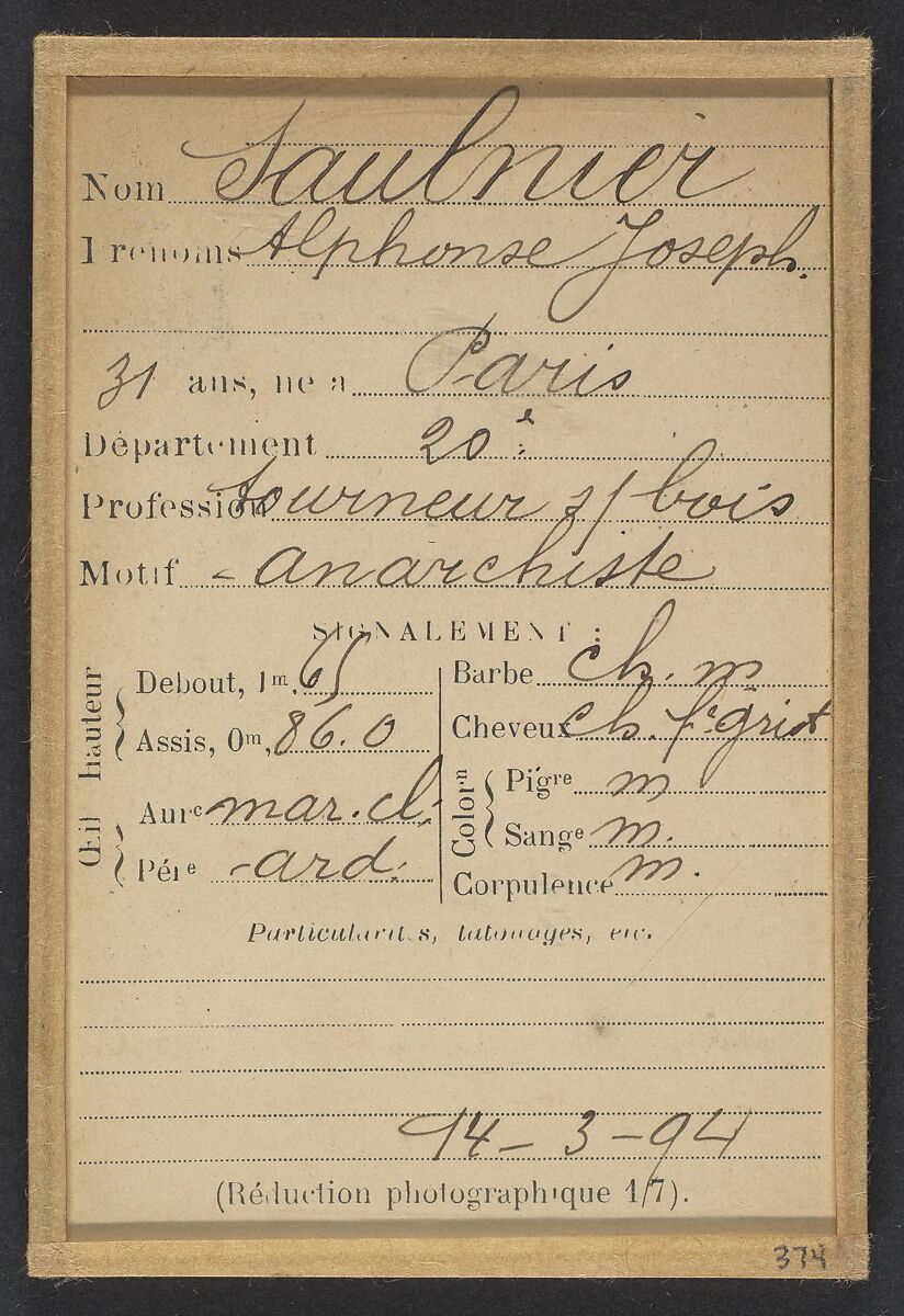 Savard. Henri-Auguste. 29 ans, né le 7/5/65 à Paris XXe. Ciseleur. Anarchiste. 2/7/94., Alphonse Bertillon (French, 1853–1914), Albumen silver print from glass negative