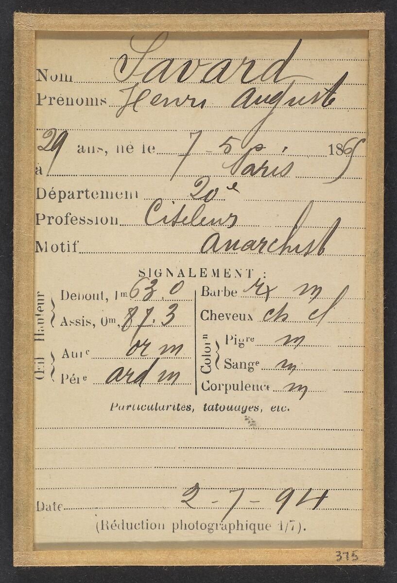 Saulnier. Alphonse, Joseph. 31 ans, né à Paris XXe. Tourneur sur bois. Anarchiste. 14/3/94., Alphonse Bertillon (French, 1853–1914), Albumen silver print from glass negative