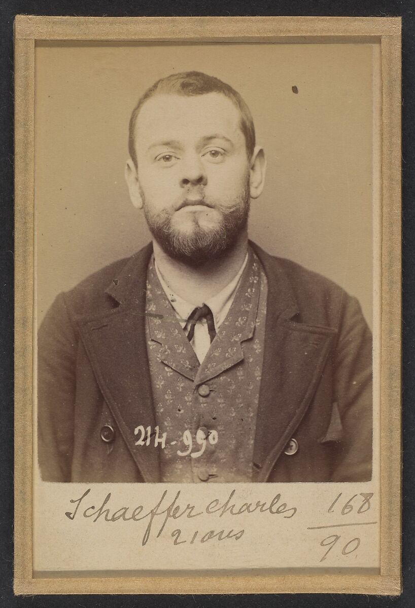 Schaffer. Charles. 28 ans, né à Paris Xle. Ébéniste. Association de malfaiteurs. 2/3/94, Alphonse Bertillon (French, 1853–1914), Albumen silver print from glass negative 