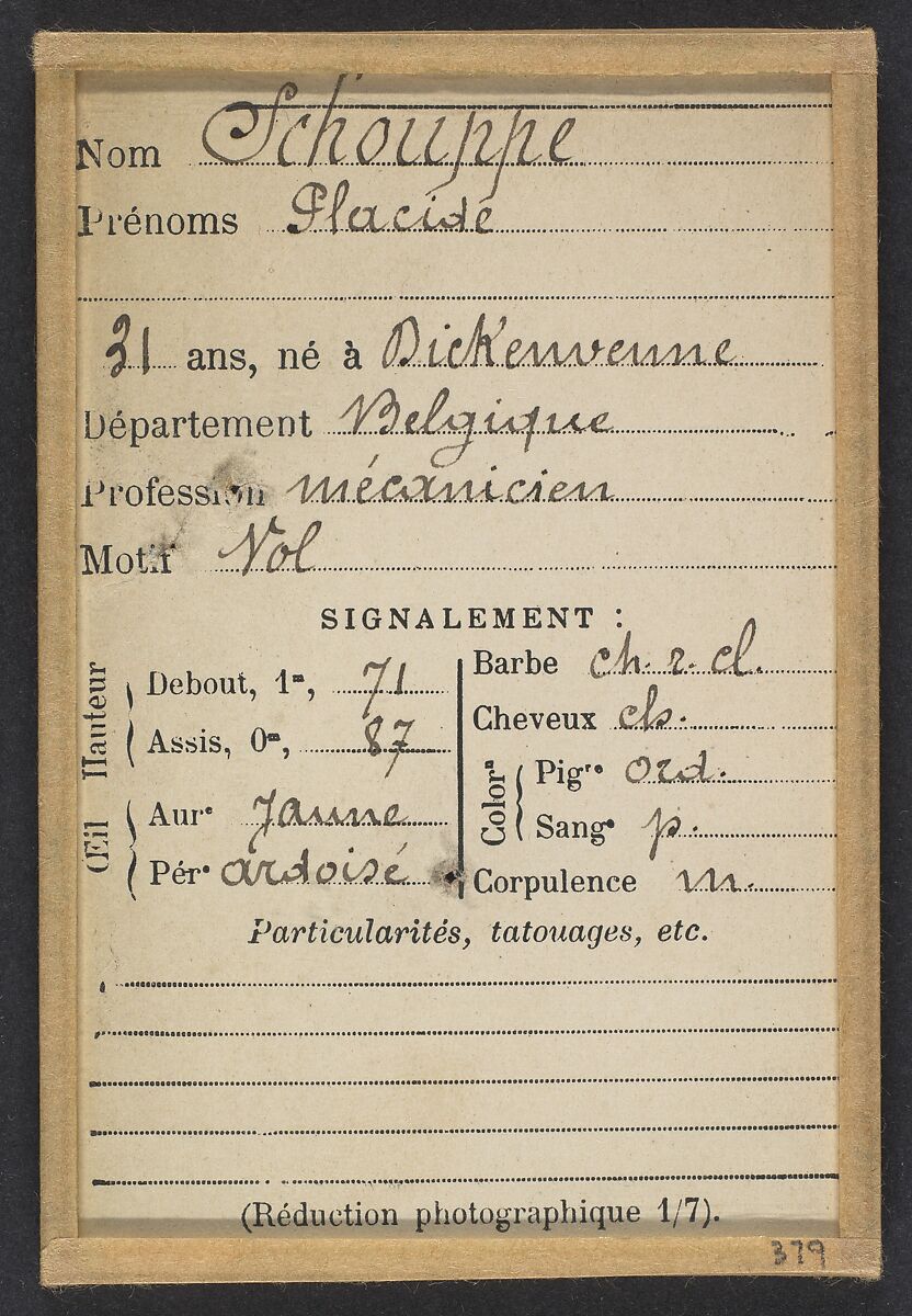 Schouppe. Placide. (dit Ricken, Franz). 31 ans, né à Dickenvenne (Belgique). Mécanicien. Vol., Alphonse Bertillon (French, 1853–1914), Albumen silver print from glass negative