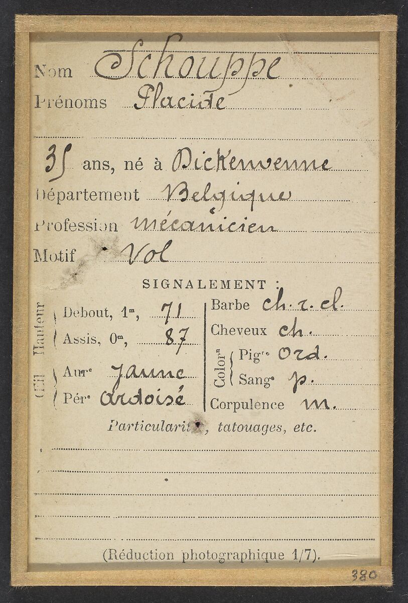 Schouppe. Placide. (dit Ricken, Franz). 35 ans, né à Dickenvenne (Belgique). Mécanicien. Vol., Alphonse Bertillon (French, 1853–1914), Albumen silver print from glass negative