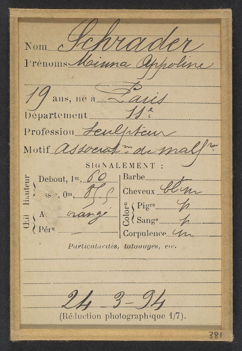 Schrader. Minna, Appoline. 19 ans, née à Paris XIe. Sculpteur. Association de malfaiteurs. 24/3/94., Alphonse Bertillon (French, 1853–1914), Albumen silver print from glass negative