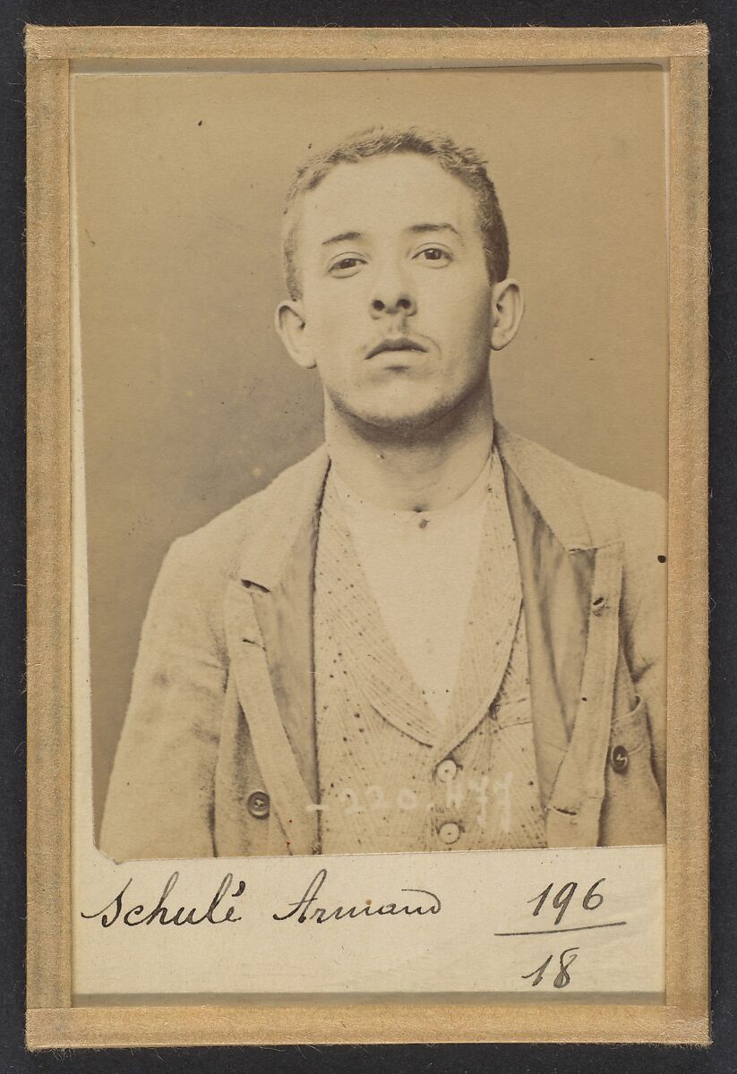 Schulé. Armand. 21 ans, né le 28/2/73 à Choisy-le-Roi. Comptable. Anarchiste. 2/7/94., Alphonse Bertillon (French, 1853–1914), Albumen silver print from glass negative 