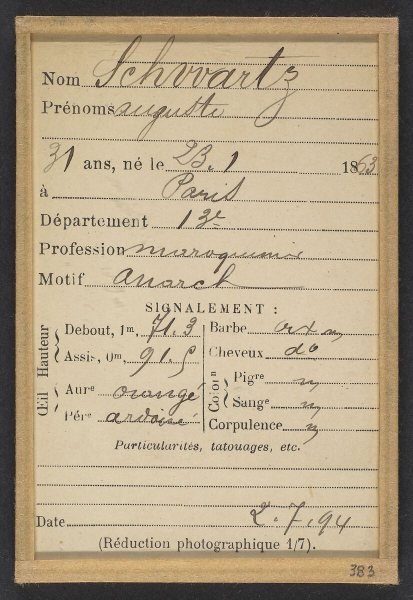 Schwartz. Auguste. 31 ans, né à Paris Xlle le 23/1/63. Maroquinier. Anarchiste. 2/7/94., Alphonse Bertillon (French, 1853–1914), Albumen silver print from glass negative