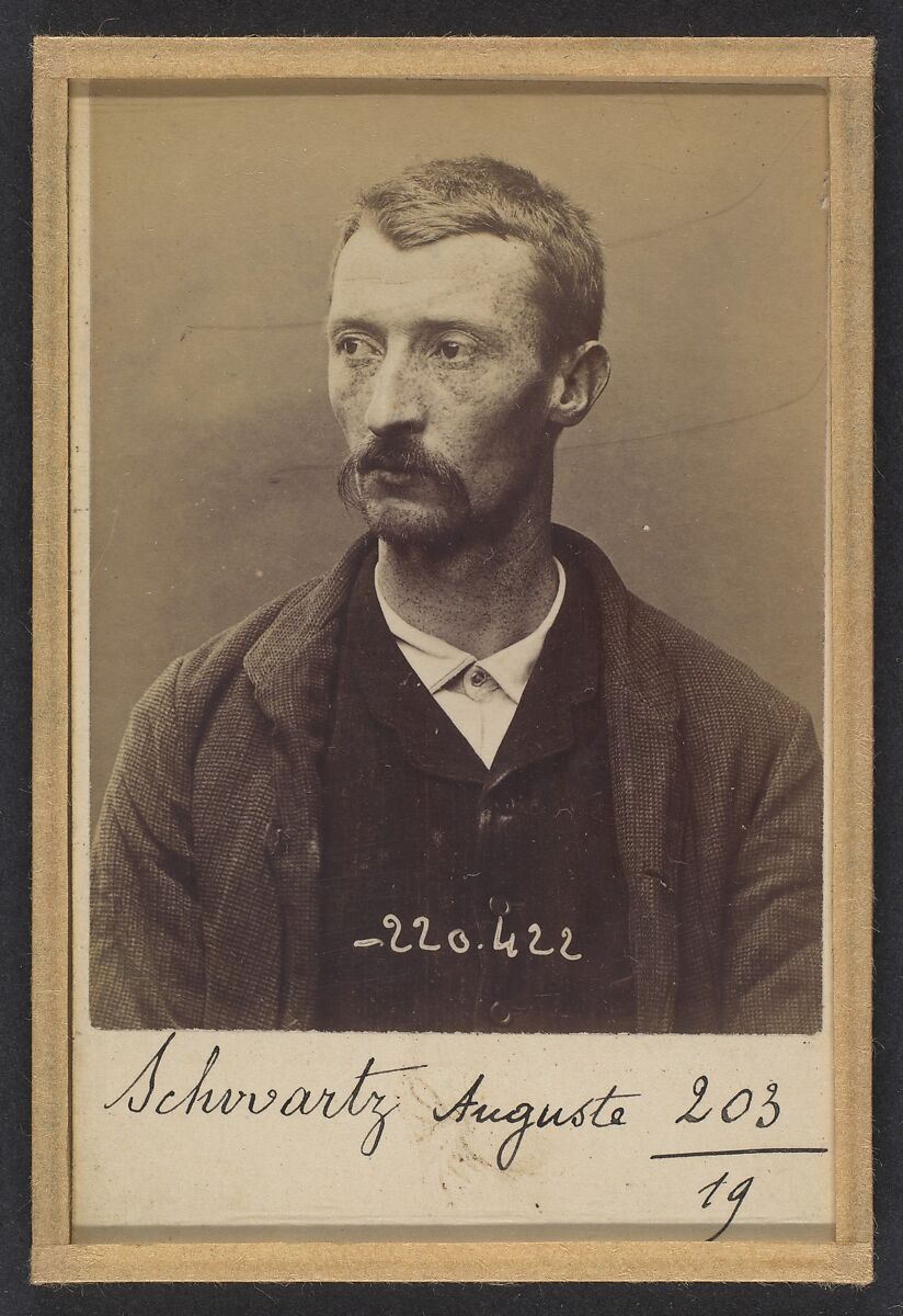 Schwartz. Auguste. 31 ans, né à Paris Xlle le 23/1/63. Maroquinier. Anarchiste. 2/7/94., Alphonse Bertillon (French, 1853–1914), Albumen silver print from glass negative 
