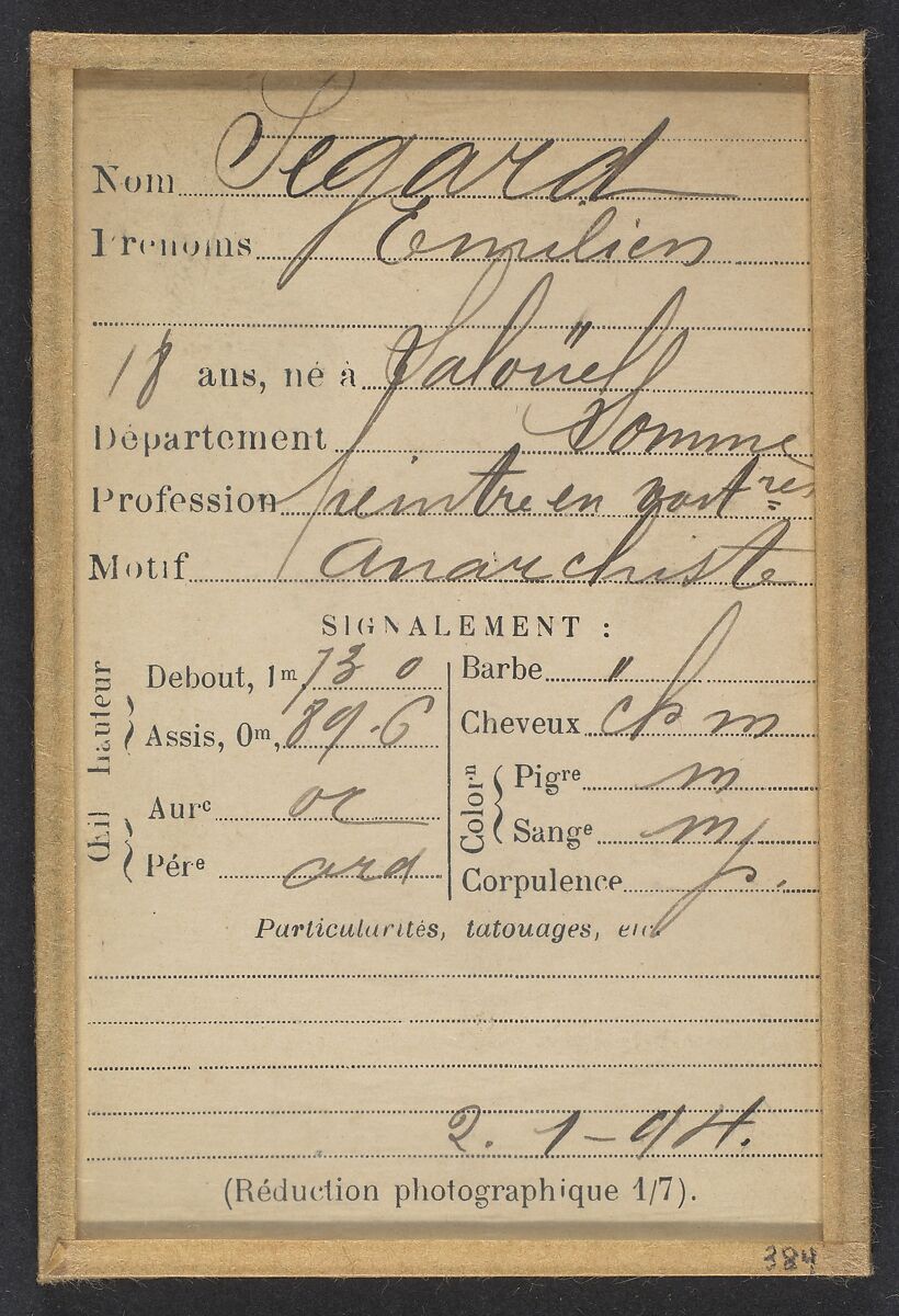Segard. Émilien (dit Segard Fils). 18 ans, né à Saloüel (Somme). Peintre en voitures. Anarchiste. 2/7/94., Alphonse Bertillon (French, 1853–1914), Albumen silver print from glass negative