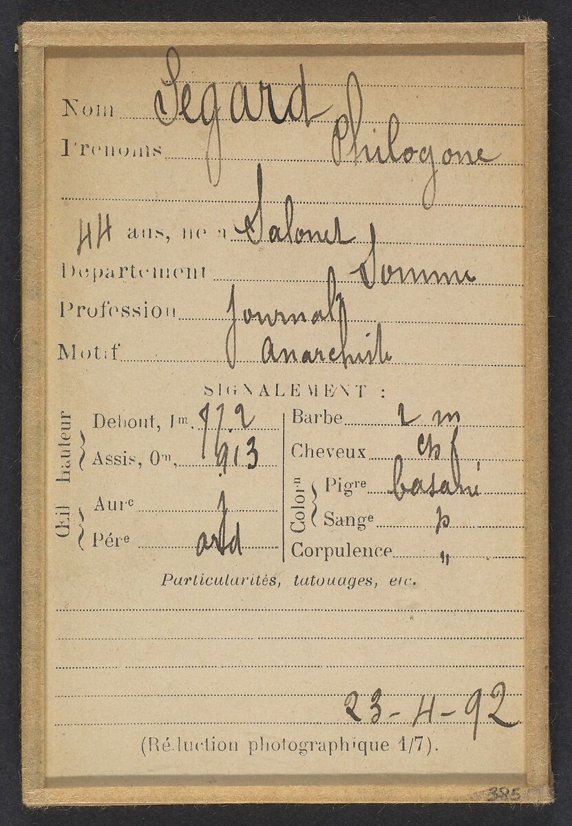 Segard. Philogone. 44 ans (35 ans inscrit sur la photo), né à Salond (Somme). Journaliste. Anarchiste., Alphonse Bertillon (French, 1853–1914), Albumen silver print from glass negative