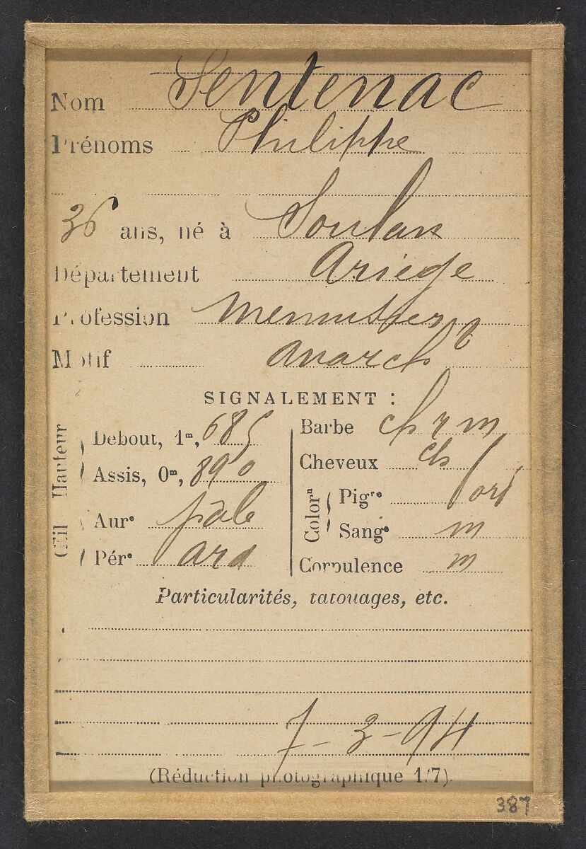 Sentenac. Phillipe. 36 ans, né à Soulan (Ariège). Menuisier. Anarchiste. 7/3/94., Alphonse Bertillon (French, 1853–1914), Albumen silver print from glass negative