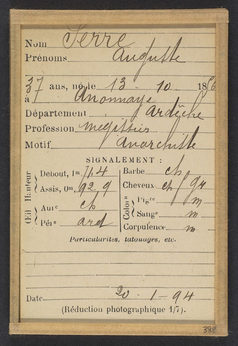 Serre. Auguste. 37 ans, né à Anonnay (Ardêche) le 13/10/56. Mégissier. Anarchiste. 20/1/94., Alphonse Bertillon (French, 1853–1914), Albumen silver print from glass negative