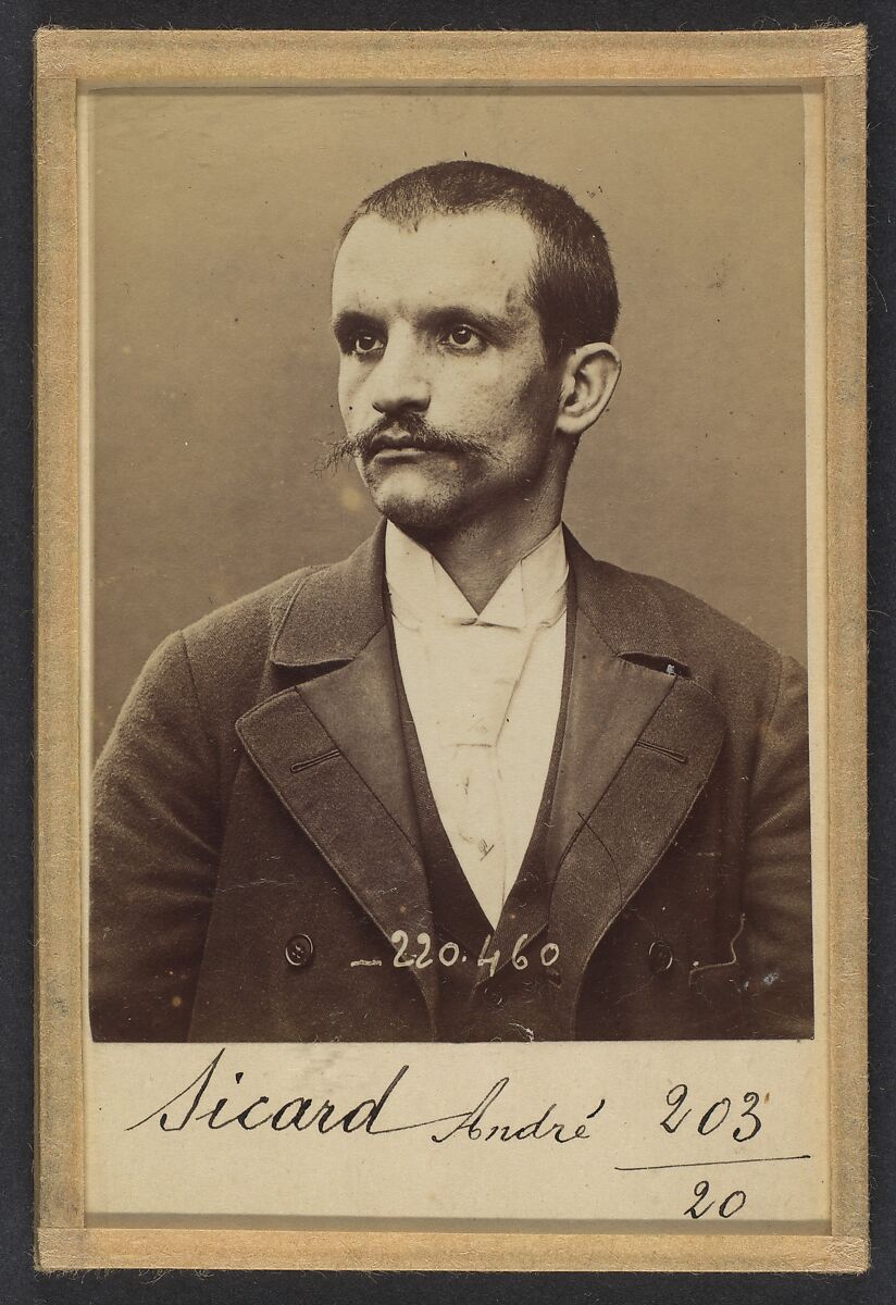 Sicard. André. 32 ans, né à Nîmes le 25/10/62. Bijoutier. Anarchiste. 2/7/94., Alphonse Bertillon (French, 1853–1914), Albumen silver print from glass negative 