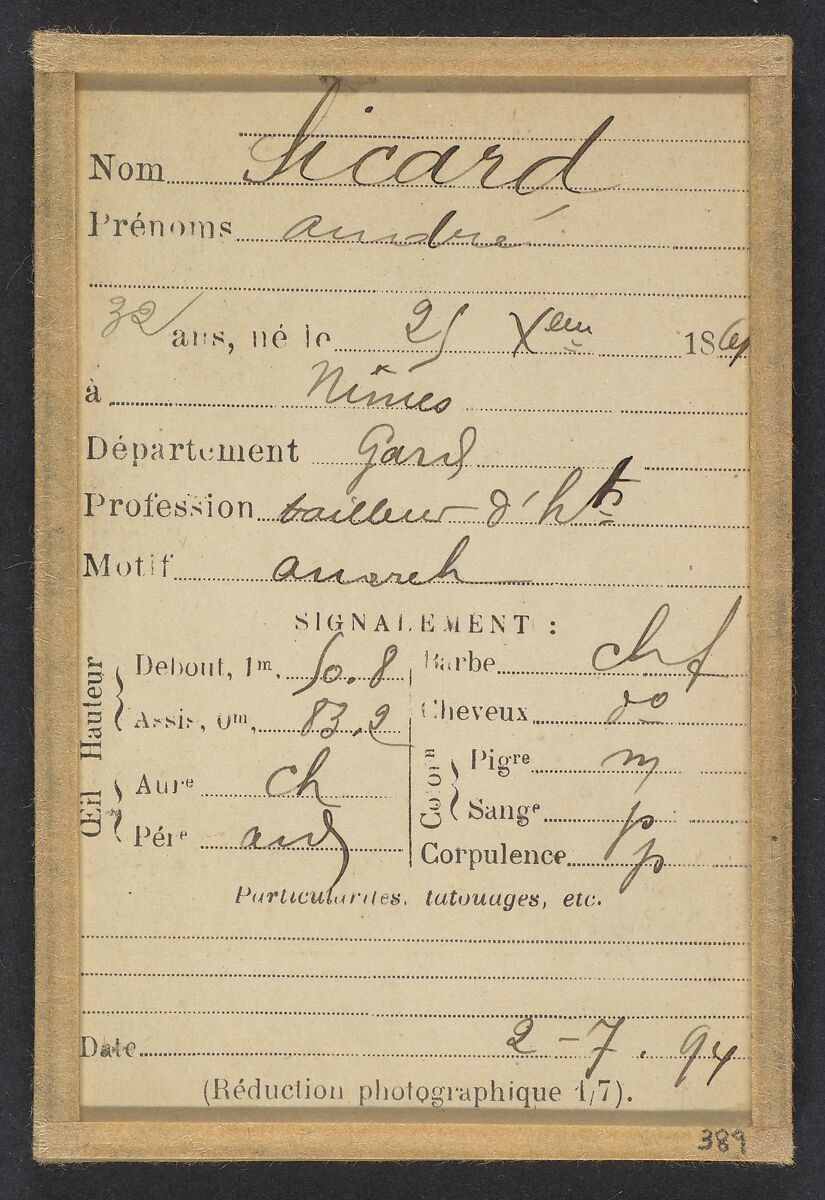 Sicard. André. 32 ans, né à Nîmes le 25/10/62. Bijoutier. Anarchiste. 2/7/94., Alphonse Bertillon (French, 1853–1914), Albumen silver print from glass negative