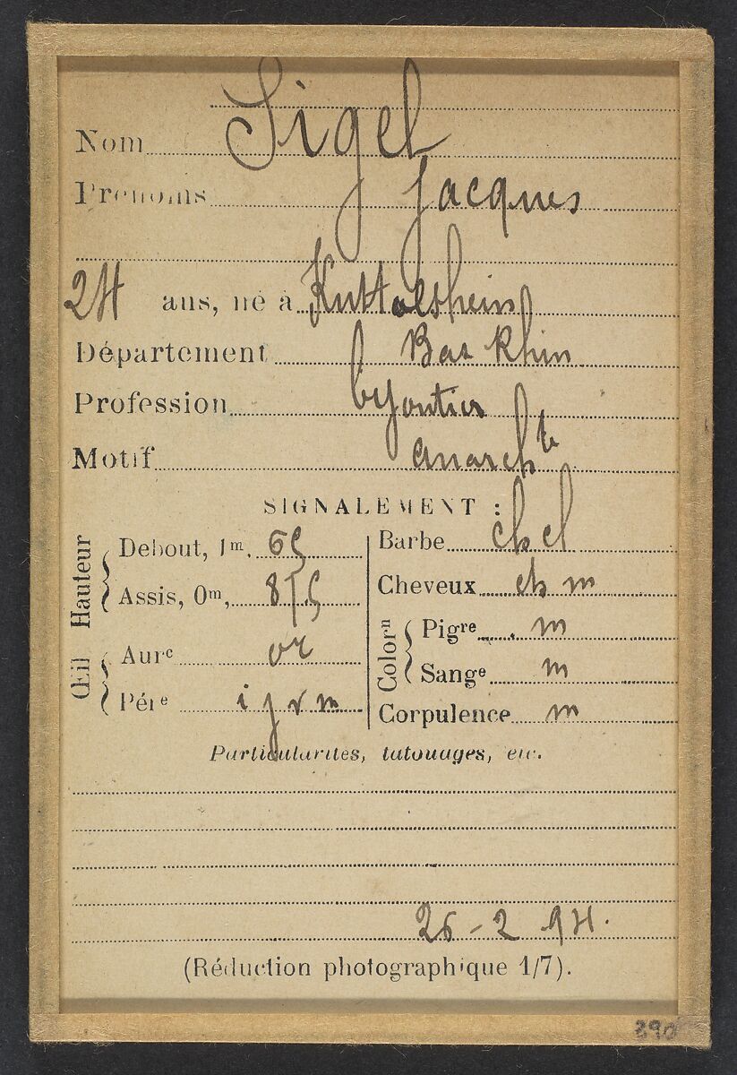 Sigel. Jacques. 24 ans, né à Kuttalsheim (Bas Rhin). Bijoutier. Anarchiste. 26/2/94., Alphonse Bertillon (French, 1853–1914), Albumen silver print from glass negative
